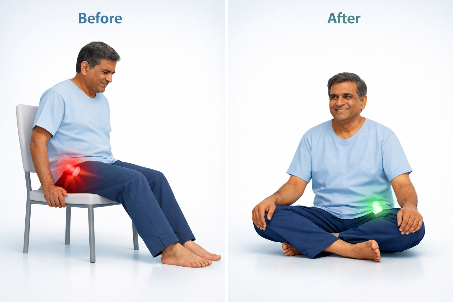 Before and after hip recovery with CLS Technique